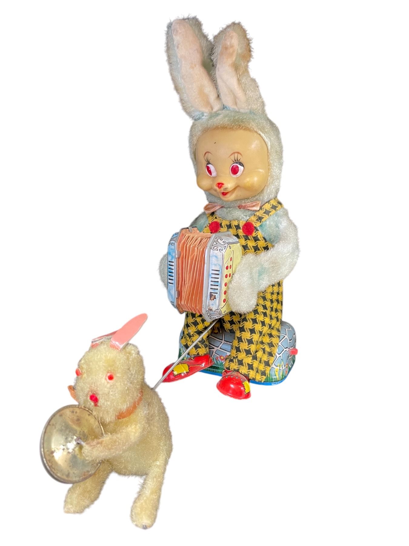 Vintage Battery Operated Tin Litho Accordion Rabbit With Cymbal Bunny