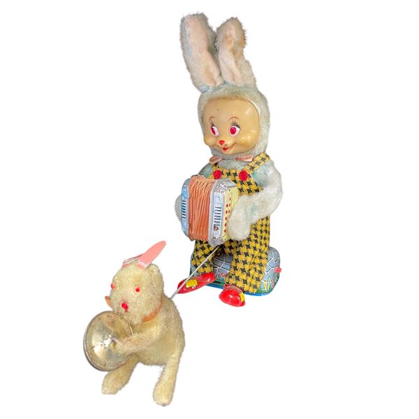 Vintage Battery Operated Tin Litho Accordion Rabbit With Cymbal Bunny
