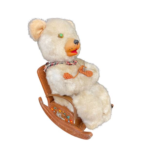 Vintage Battery Operated Tin Litho Knitting Rocking Chair Bear