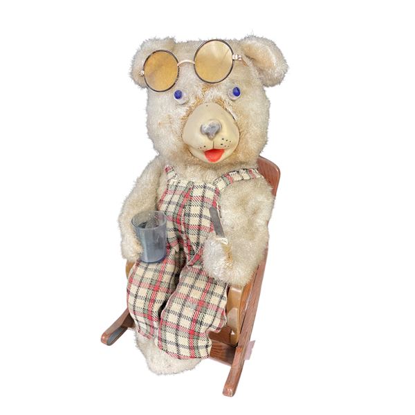 Vintage Tin Litho Battery Operated Drinking Rocking Chair Bear