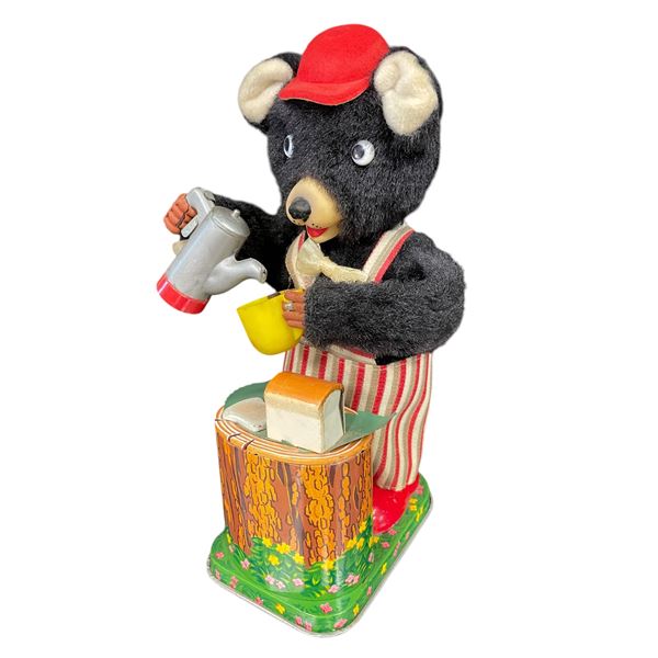 Vintage Tin Litho Battery Operated Sandwich Making Coffee Pouring Bear
