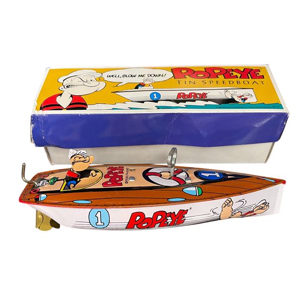 Vintage Popeye Tin Speed Boat, In Original Box By Schylling
