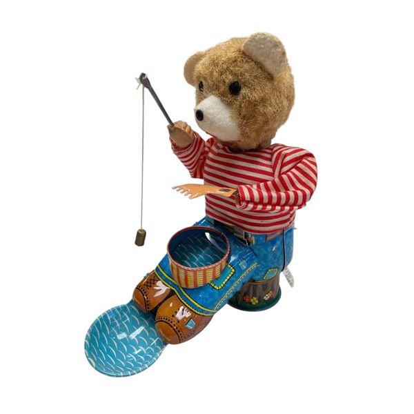 Vintage Tin Litho Wind Up Fishing Bear