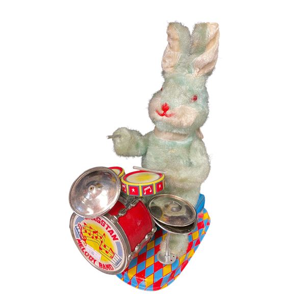 Vintage Tin Litho Battery Operated Cragstan Drumming Bunny