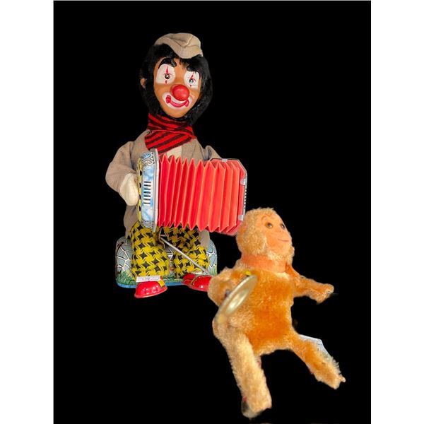 Vintage Tin Litho Battery Operated Accordion Clown With Cymbal Monkey