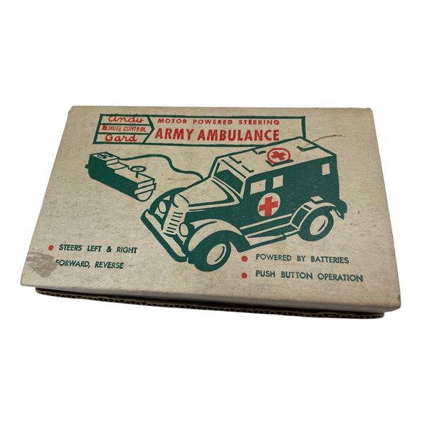 Vintage Battery Operated Motor Powered Steering Army Ambulance, In Original Box