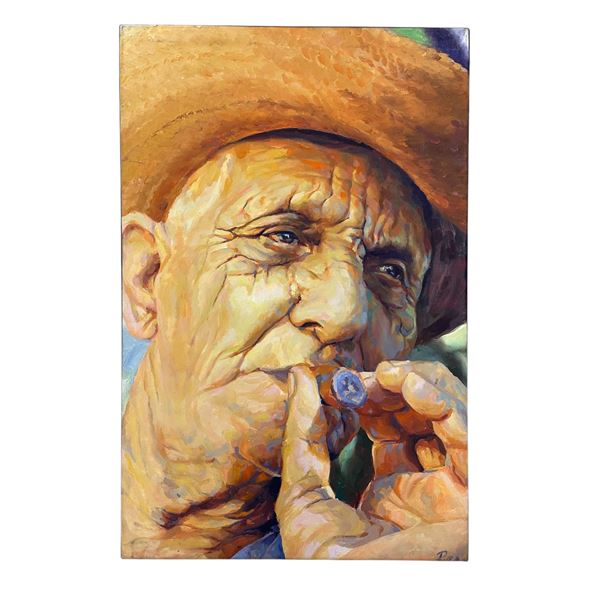 Oil On Canvas Of Man Smoking Cigar, Signed By Artist