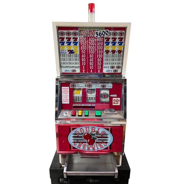 Vintage Double Cherry Slot Machine On Base, With Key
