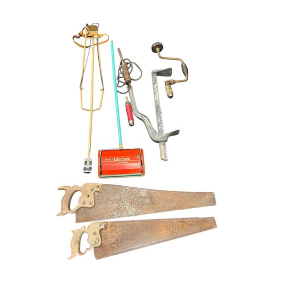 Box Full Of Vintage Tools, Including Little Queen Vacuum