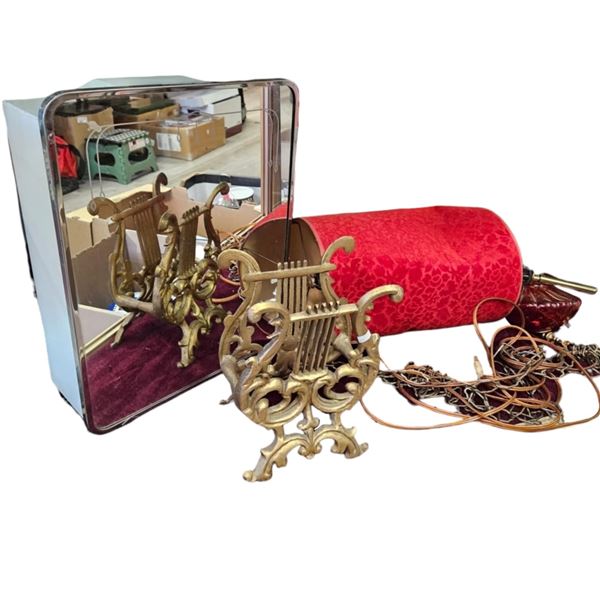 Vintage Hanging Lamp, Light Up Mirror Box & Harp Magazine Rack