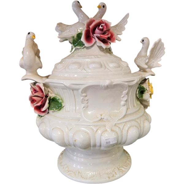 Vintage Capodimonte Porcelain Lidded Dove Urn