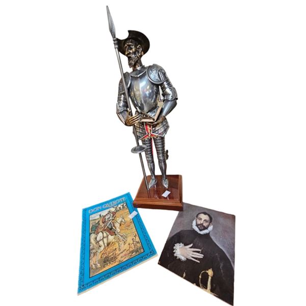 Vintage Metal Sculpture Of Don Quixote With Book & Postcard