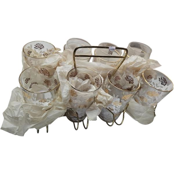 Vintage Set Of  8 Rose Motif Drinking Glasses With Carrying Rack