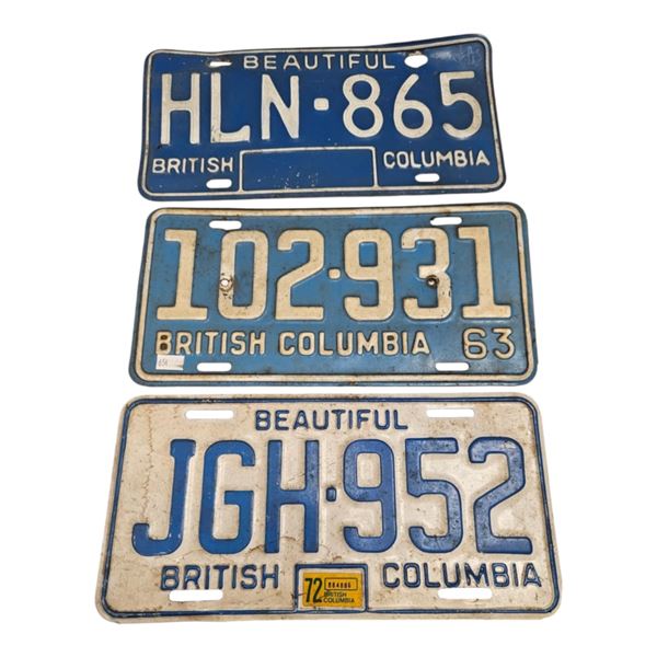 3 Assorted Vintage British Columbia License Plates