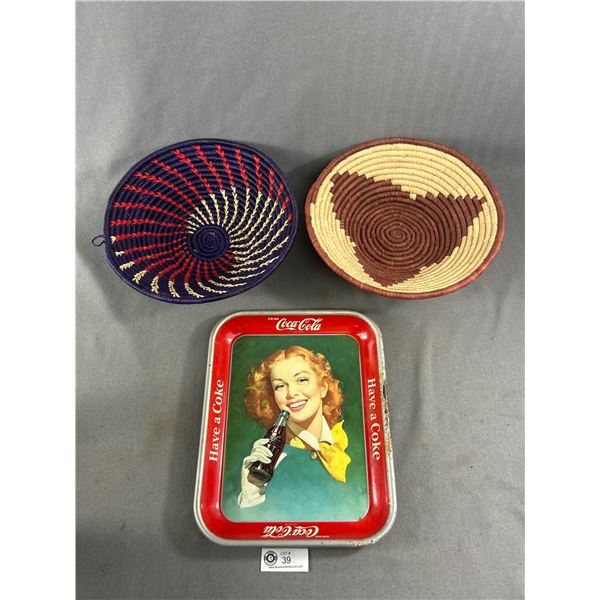 Vintage 13"x10.5" Coca Cola Tray & 2 12" Diam. Hand Woven Baskets By Masai Tribeswomen of South Afri