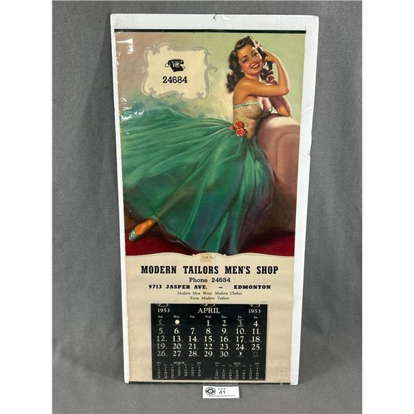 April 1953 "Modern Tailors Men's Shop" Edmonton Wall Calendar On Board In Wrap. Approx. 23" x 11"