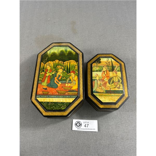2 Beautiful Vintage Painted Lacquered Wood India Trinket Boxes w/ Lids. Approx. 8" x 5" x 2" & 6" x 