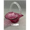 Image 1 : Pretty Vintage Cranberry Glass Basket w/ Clear Handle. Approx. 7"H