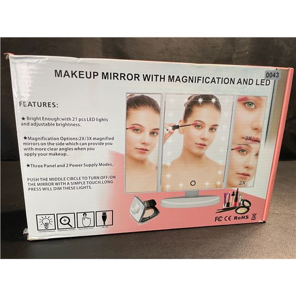 1 LED Three-Panel Makeup Mirror with 2X/3X Magnification - New (Dmg Box)