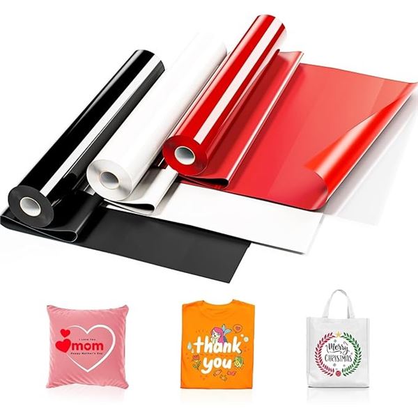 3 Large Rolls of Heat Transfer Vinyl (HTV)- 12" x 20FT Rolls - White, Black, and Red - NEW