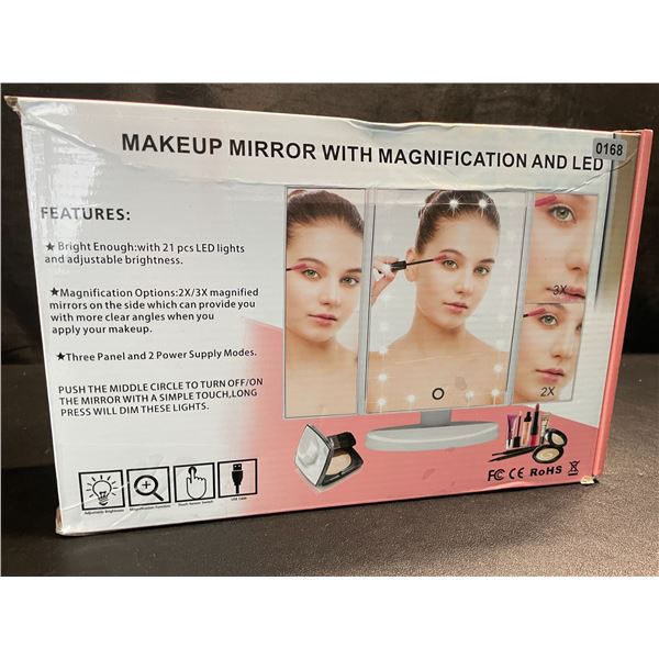 1 LED Three-Panel Makeup Mirror with 2X/3X Magnification - New (Dmg Box)