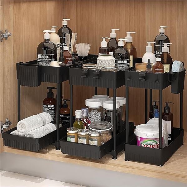 1 Box of 3 Under-Sink Sliding Storage Organizers (2-Tier) Multi-Use Kitchen Organizers - Black - New