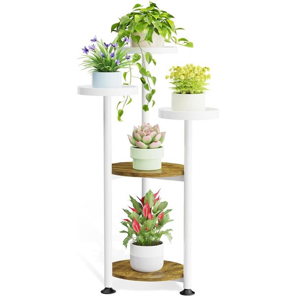 1 Corner 5-Tier Metal Plant Stand Shelf - White/Wood Design - New in Box