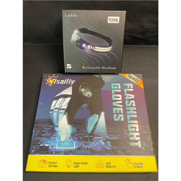 1 Rechargeable/Wearable Headlamp Work Light & 1 Pair of Flashlight Work Gloves - Brand New