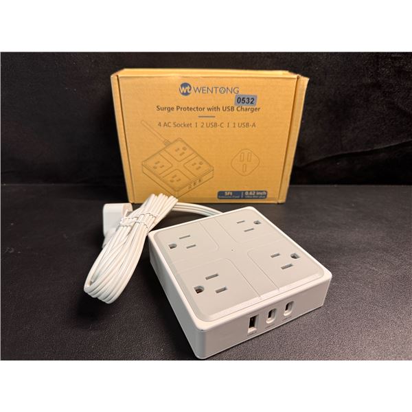 4 Socket Surge Protector with USB Chargers and 5' Cord - New