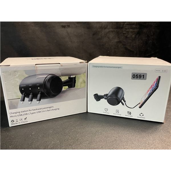 2 Charging Stations for Backseat Passengers (Headrest Mount) - USB-C/Micro-USB Cords Built-In - New