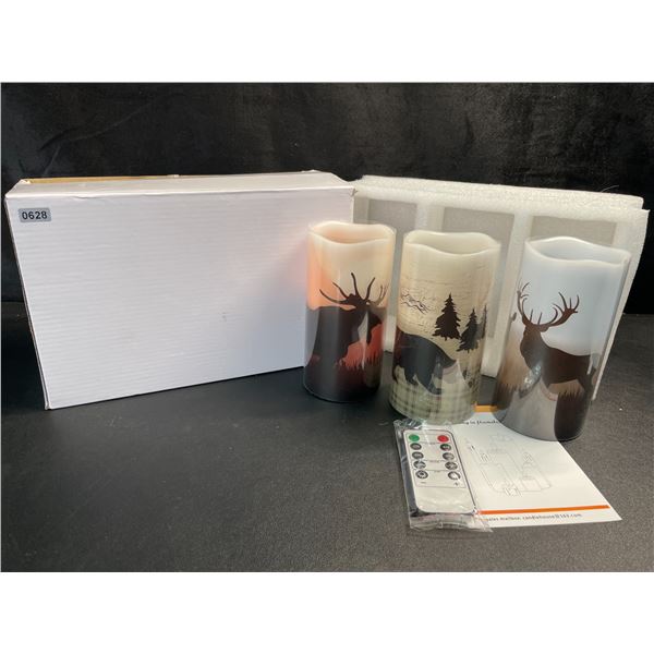 Set of 3 Flameless LED Candles - Moose, Bear, and Deer Design w/ Remote Control - 6" Size - New