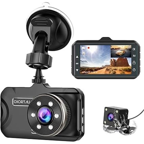 1 Chortau Dual Dash Cam - 3" Screen Full HD Front Dash Camera w/ Backup Cam, Night Vision - New