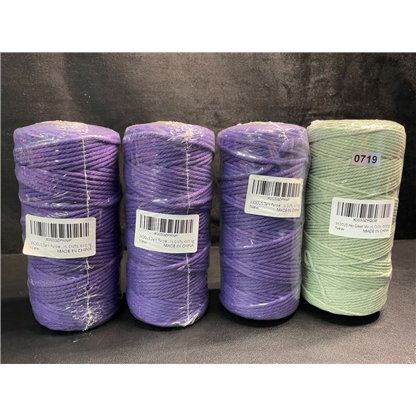 4 Assorted Rolls of Macrame Cord/Rope - Great for Crafts, Plant Hangers, Knitting (3 purple/1 green)