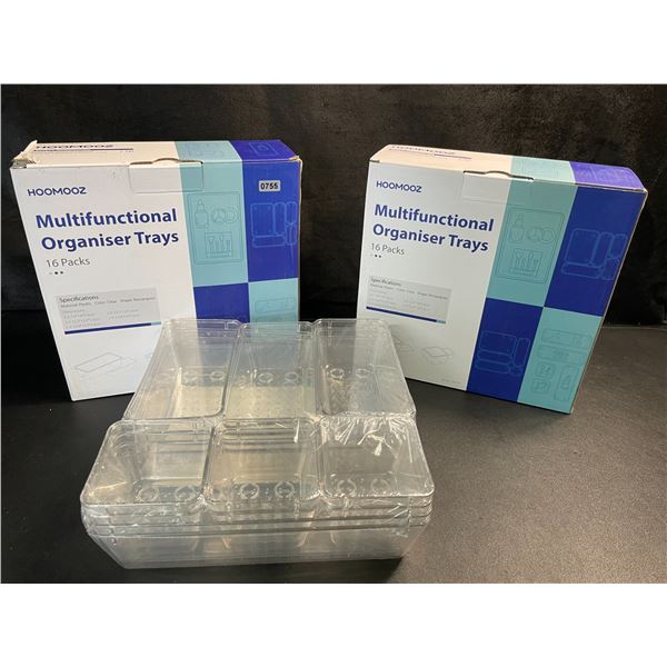 2 Boxes of Multifunctional Plastic Clear Organizer Trays - 16 Assorted Sizes Per Box - Brand New