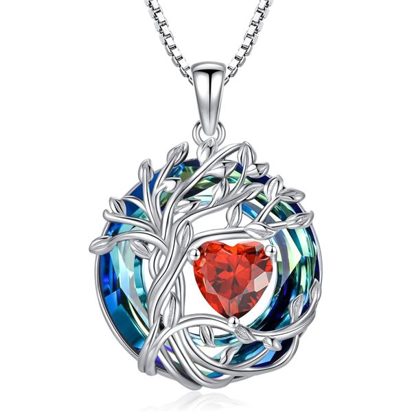 1 Tree of Life Necklace for Women - 925 Sterling Silver w/ Crystal Birthstone Pendant (Ruby) New