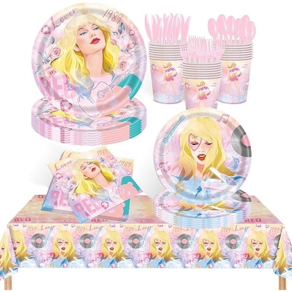 5 Taylor Swift Themed Birthday Party Supply Sets- 141pc (Plates, Cups, Cutlery, Tablecloth, Napkins)