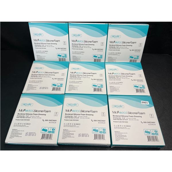 9 Boxes of Medway Bordered Silicone Foam Dressing (3"x3" Dressing Size) - 5 Per Box - New
