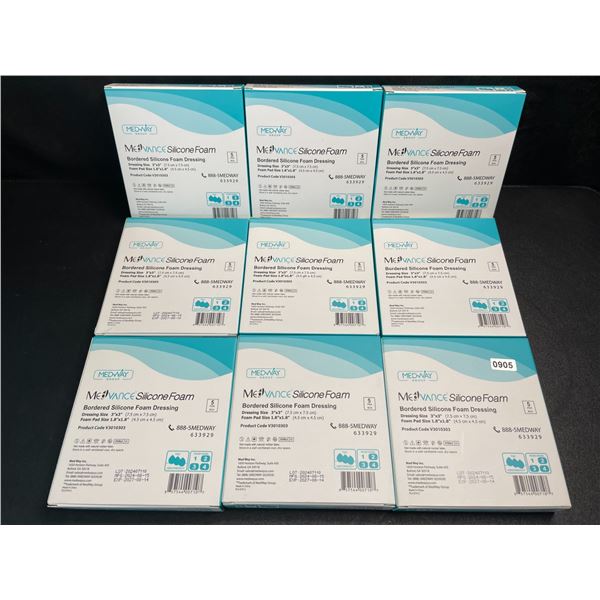 9 Boxes of Medway Bordered Silicone Foam Dressing (3"x3" Dressing Size) - 5 Per Box - New