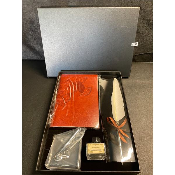 1 Ink and Quill Feather Dip Ink Pen/Leather Notebook Stationary Set - Brand New