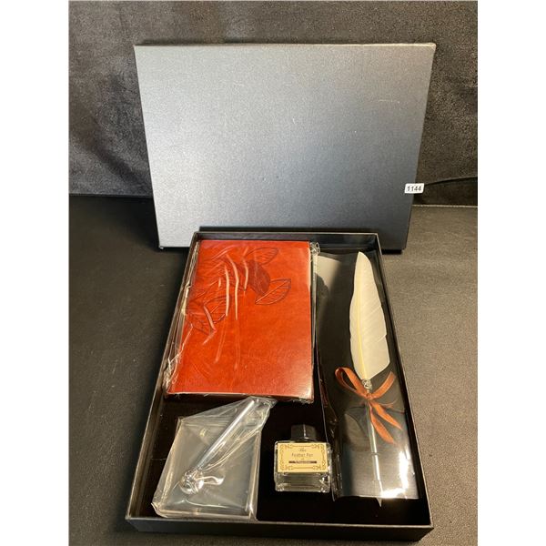 1 Ink and Quill Feather Dip Ink Pen/Leather Notebook Stationary Set - Brand New