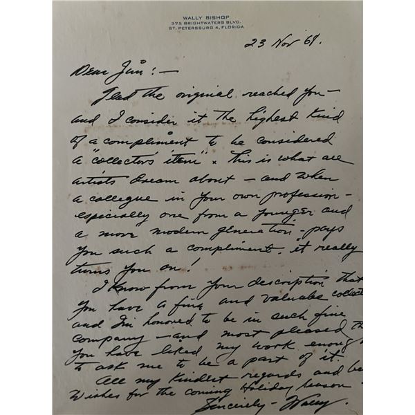 Artist Wally Bishop handwritten signed letter