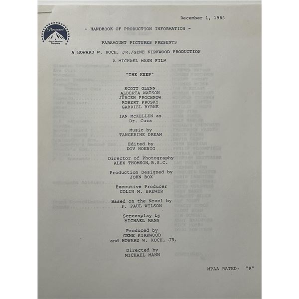 Paramount Pictures The Keep unsigned production info.