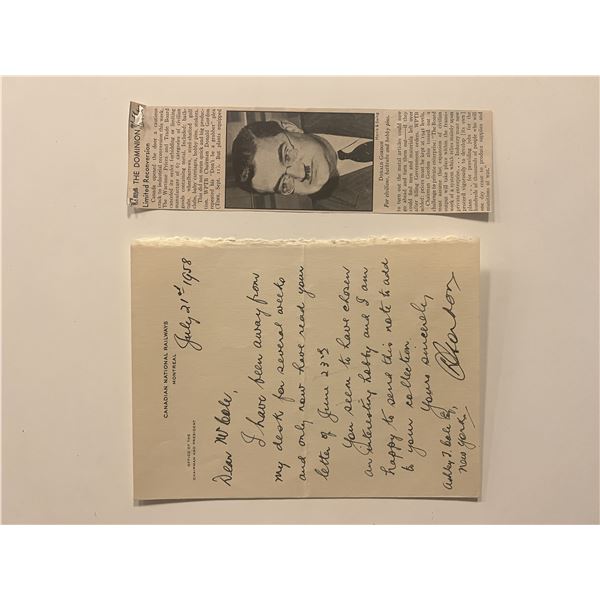 Former President of the Canadian National Railways Donald Gordon signed letter with newspaper clippi