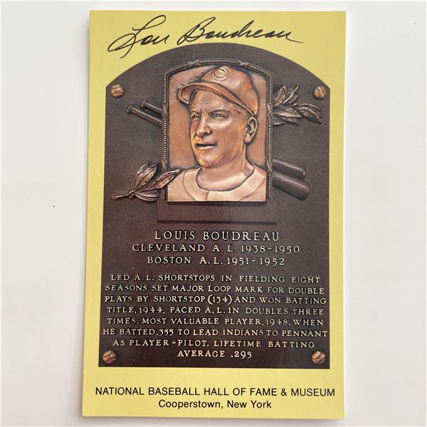 Lou Boudreau Signed Baseball Hall of Fame Plaque Postcard
