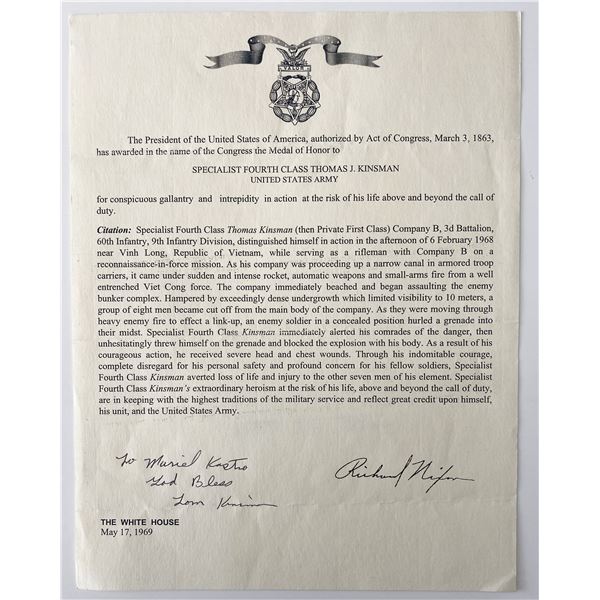 Medal of Honor Recipient Thomas James Kinsman and Richard Nixon signed letter