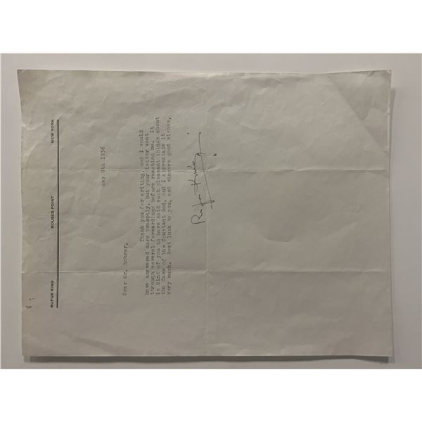 Crime Novelist Rufus King signed letter