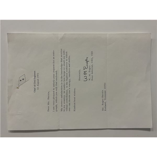 WWII US Navy Rear Admiral Walter M. Enger signed 1971 letter