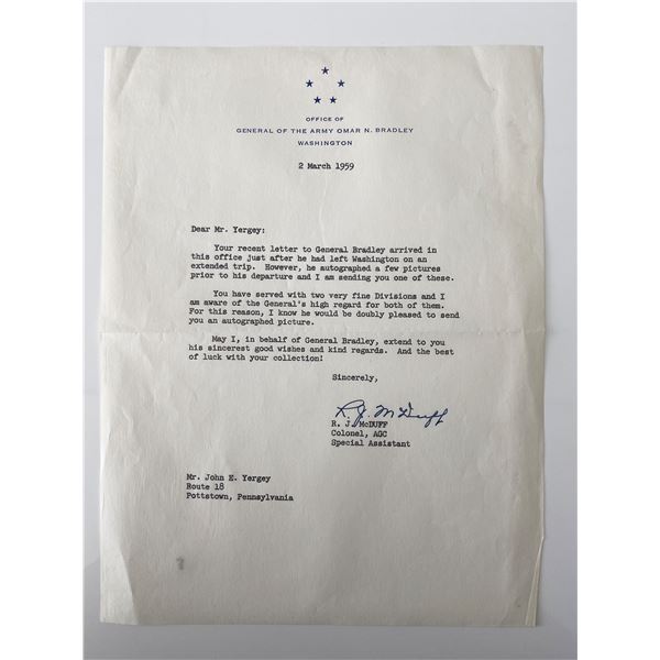 Colonel, AGC Special Assistant R.J. McDuff signed letter