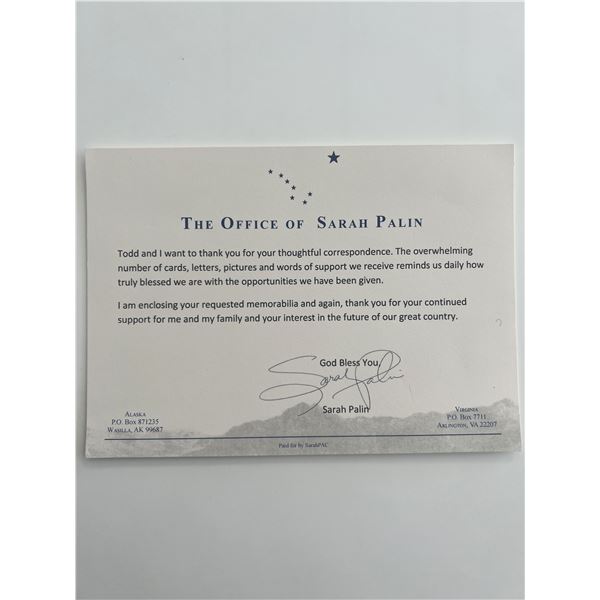 Governor of Alaska Sarah Palin facsimile card