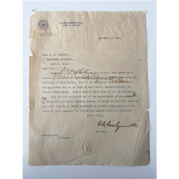Governor of Texas Oscar Branch Colquitt 1914 signed letter